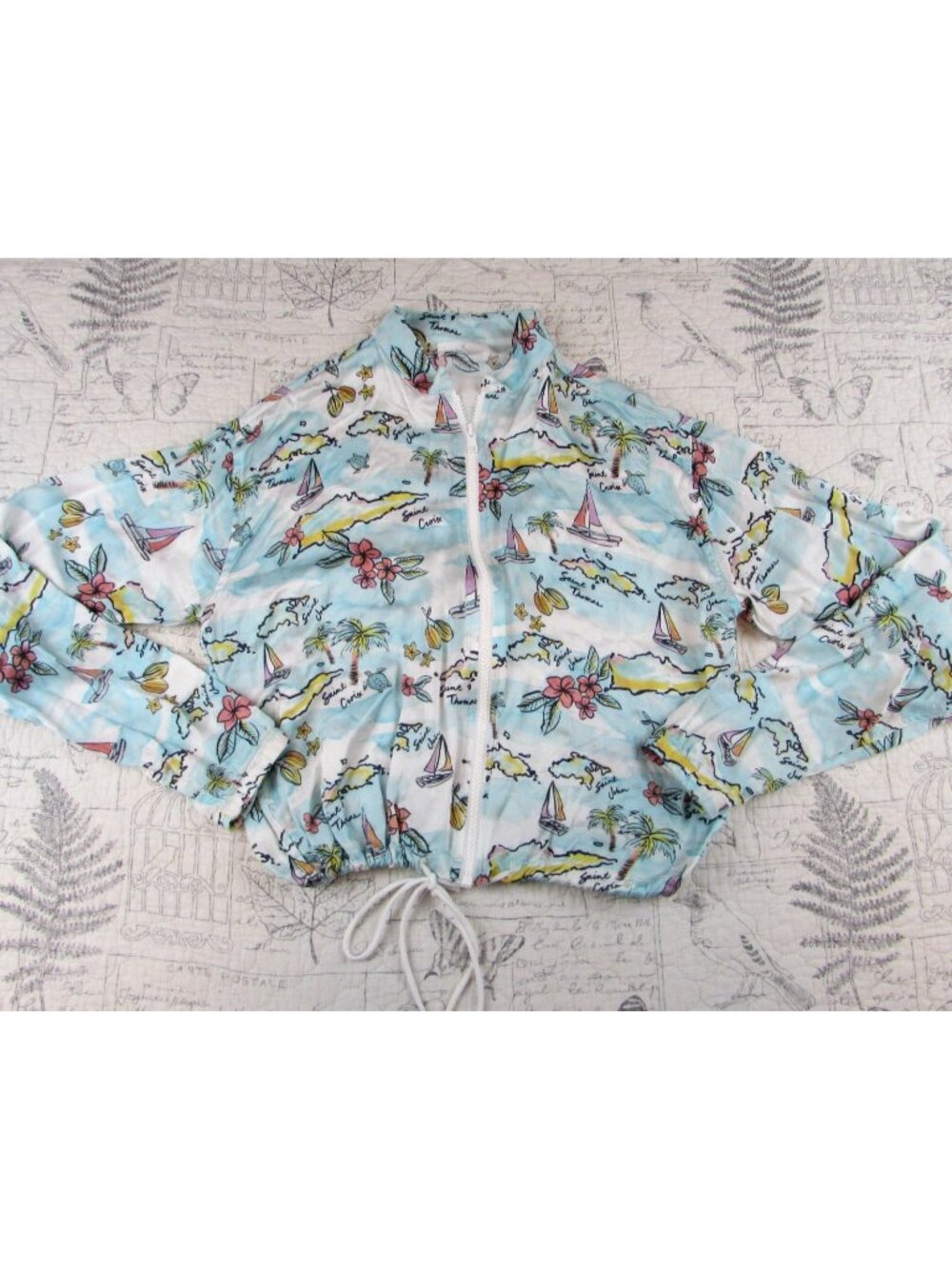 EUC Tribe Kelley USA Womens Tropical Island Coastal Zip Up Jacket Blue Medium M